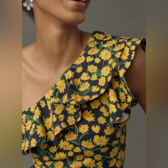 Anthropologie NWT | Maeve One-shoulder Ruffle Top Yellow Floral | M - Picture 3 of 6